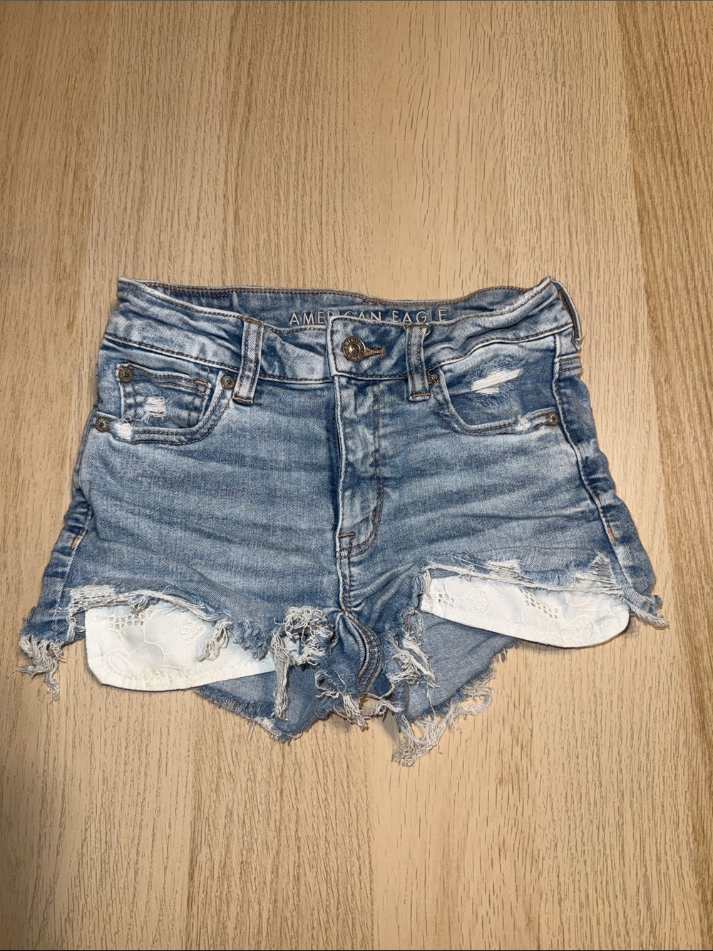 American Eagle Outfitters Women's Light Blue Cutoff Denim Shorts White Lace